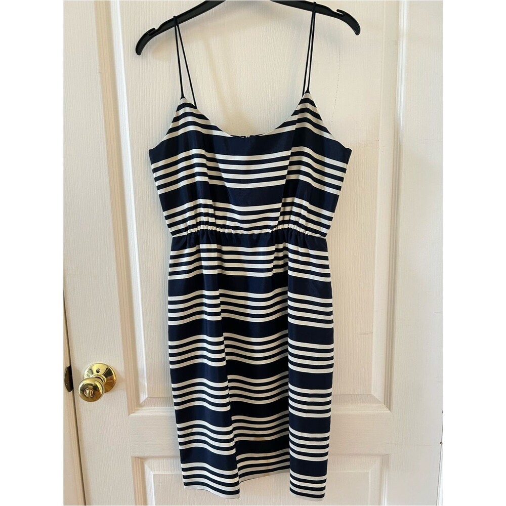 J.Crew Navy Stripe Smocked Spaghetti Strap Dress Coastal Nautical Size 4